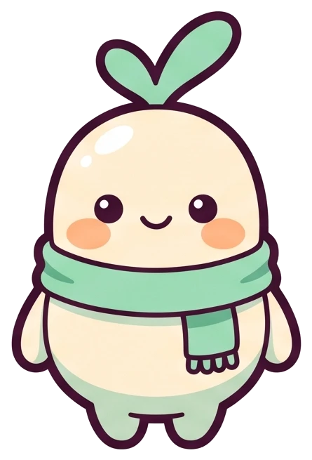 Bud, DoBuddy’s mascot: a cream sprout with a green leaf and a green scarf